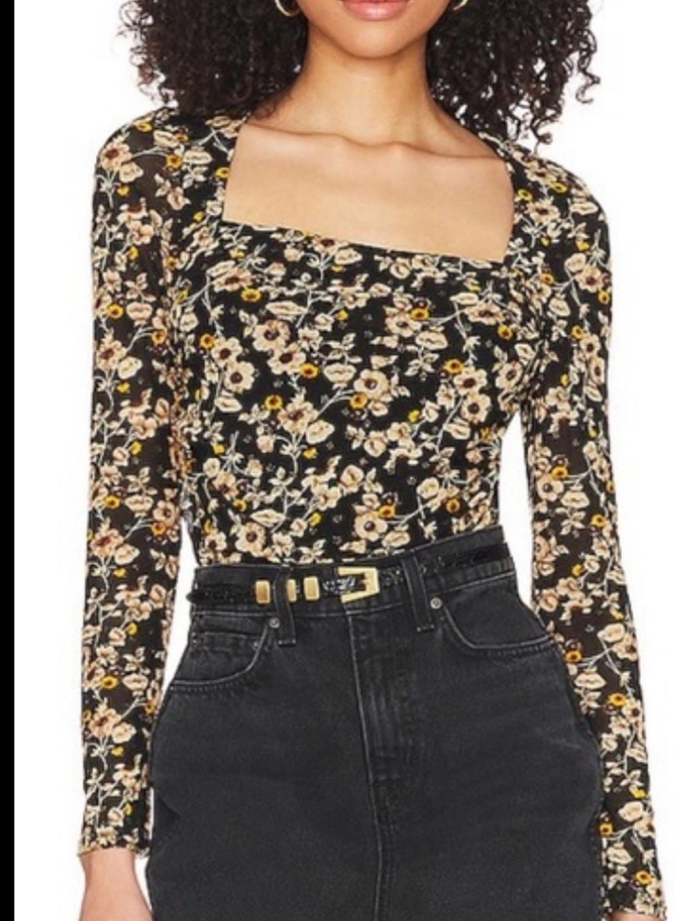 Astr Black Floral Square-Neck Long Sleeve Top